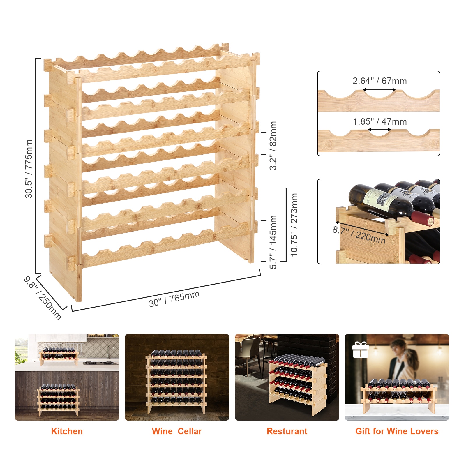 48 Bottle Stackable Modular Wine Rack Bamboo Wood Display Shelf 6-Tier_voghion.com